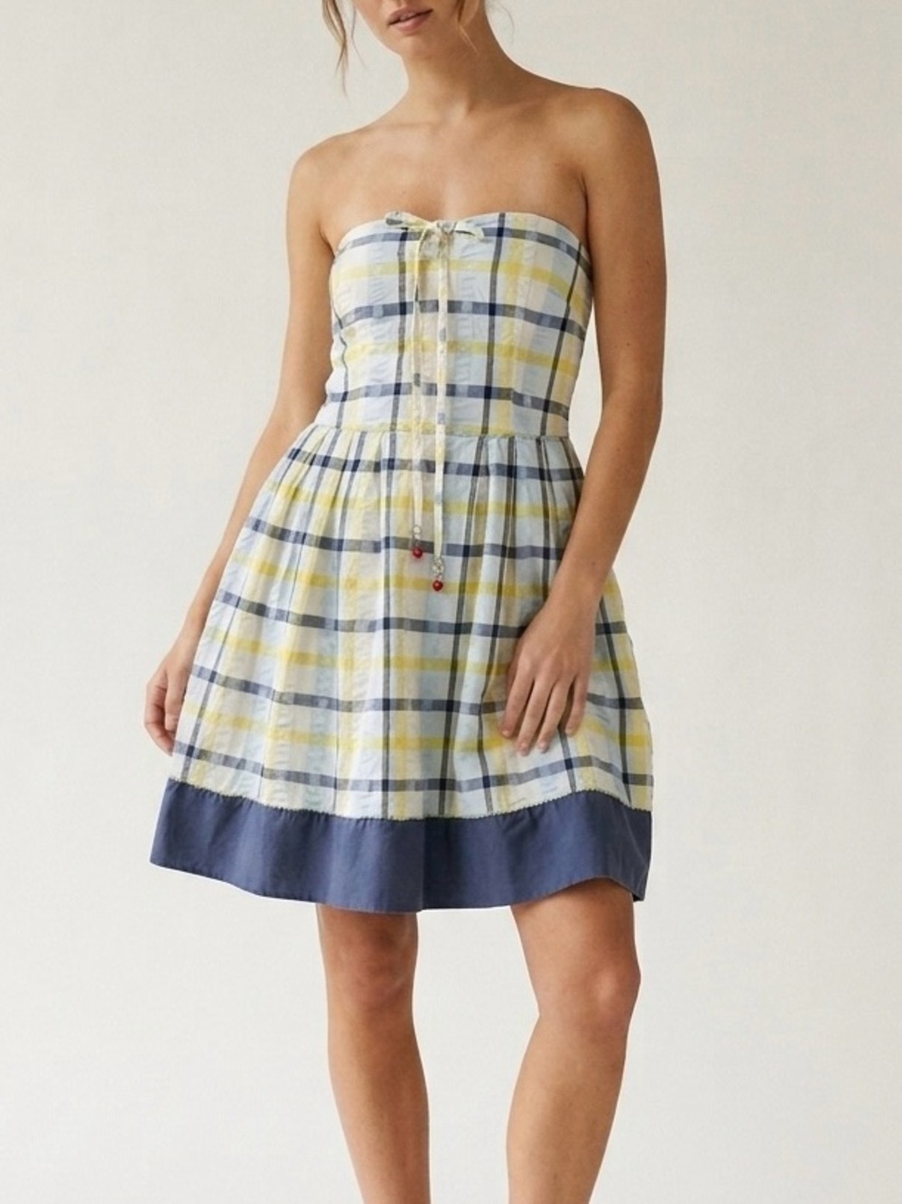 Vintage Y2K Juicy Couture Seersucker Madras Plaid Strapless Mini Dress Sz Small